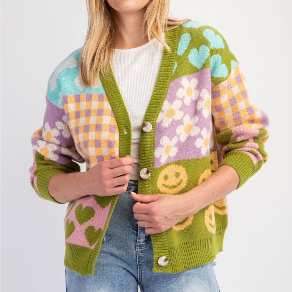 Easel Multicolor Patchwork Cardigan